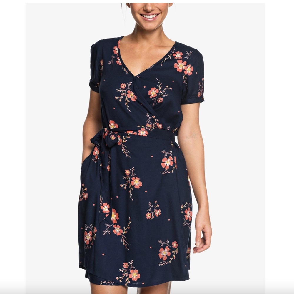 NWT Roxy Monument View Floral Print Wrap Dress In Dark Blue